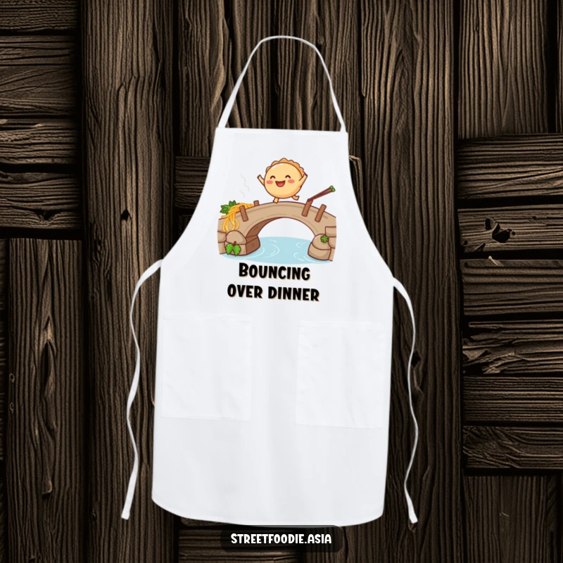 Funny apron depicting a smiling empanada leaping over a steaming noodle bridge, designed for humorous kitchen activities.