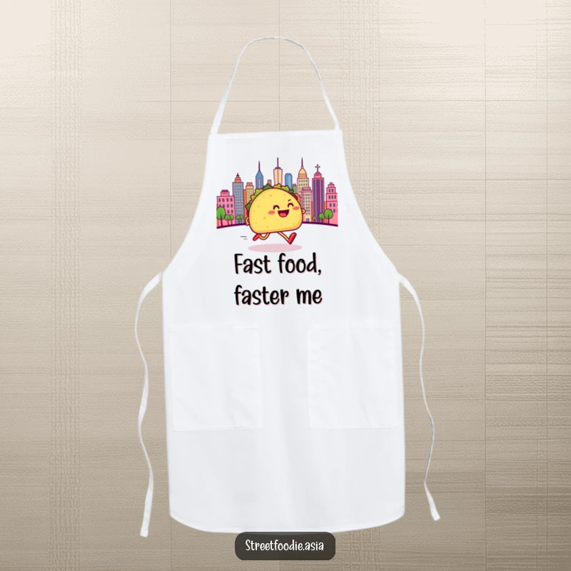 Funny apron with a taco character with legs sprinting enthusiastically in a kitchen setting towards a cityscape, adding humor to cooking.