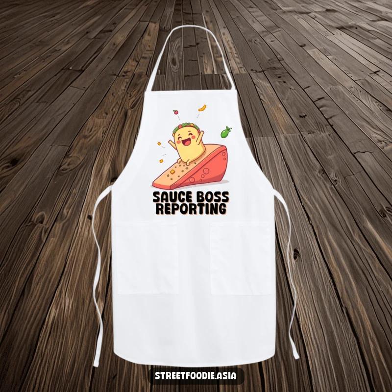Funny apron depicting a jubilant burrito sliding down a giant salsa ramp, designed for humorous kitchen use.