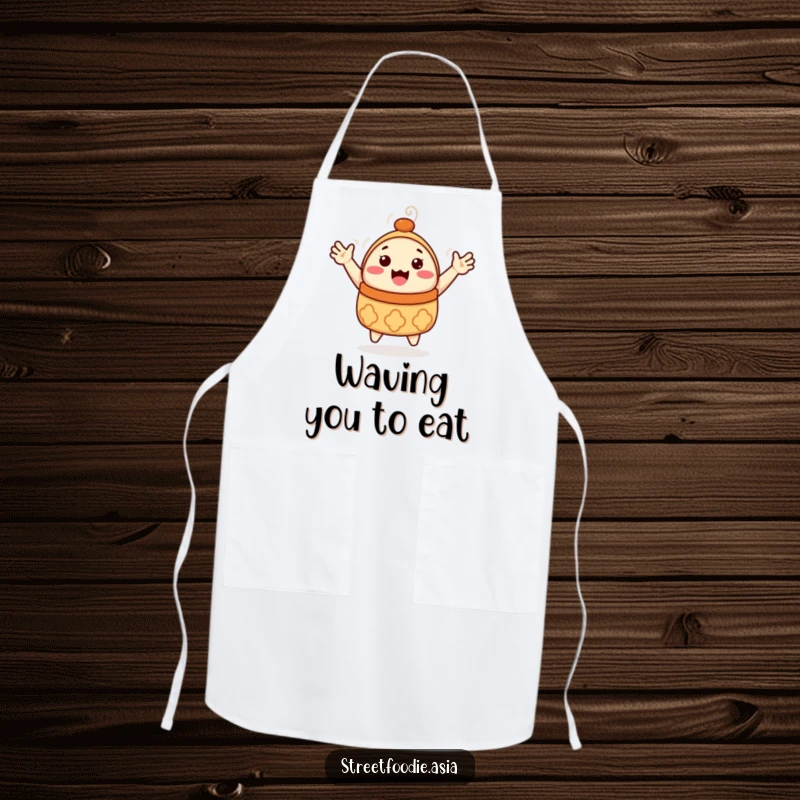 Funny Dim Sum Apron: A chef apron featuring a happy dim sum character with tiny arms waving. Makes cooking fun, a funny gift.