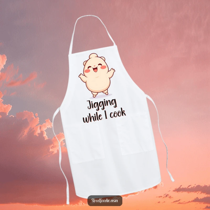 Funny Apron featuring a smiling dumpling character doing a lively silly jig, ideal for adding humor to cooking tasks.