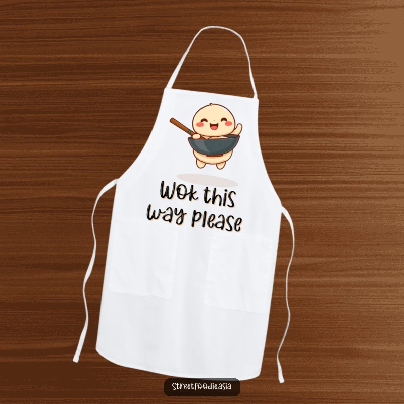 Funny apron depicting a playful dumpling happily spinning a miniature wok, designed for humorous kitchen activities.