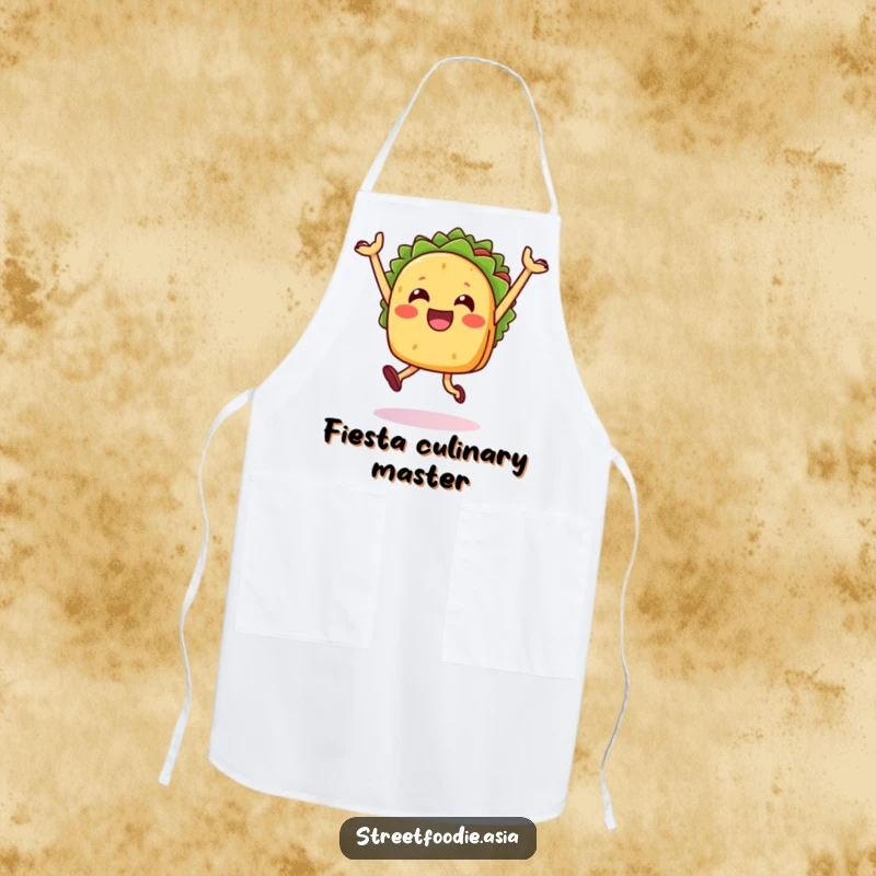 Funny Taco Jump Apron showing a taco character doing a celebratory jump. Adds fiesta fun and humor to kitchen wear.
