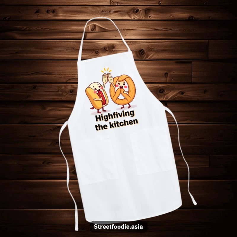 Funny Apron showcasing a hot dog and pretzel character giving a high-five, perfect for adding humor to cooking.