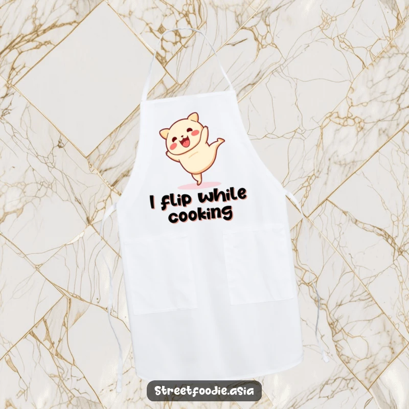 Funny apron featuring a dim sum character performing an energetic cartwheel, adding humor to kitchen tasks.