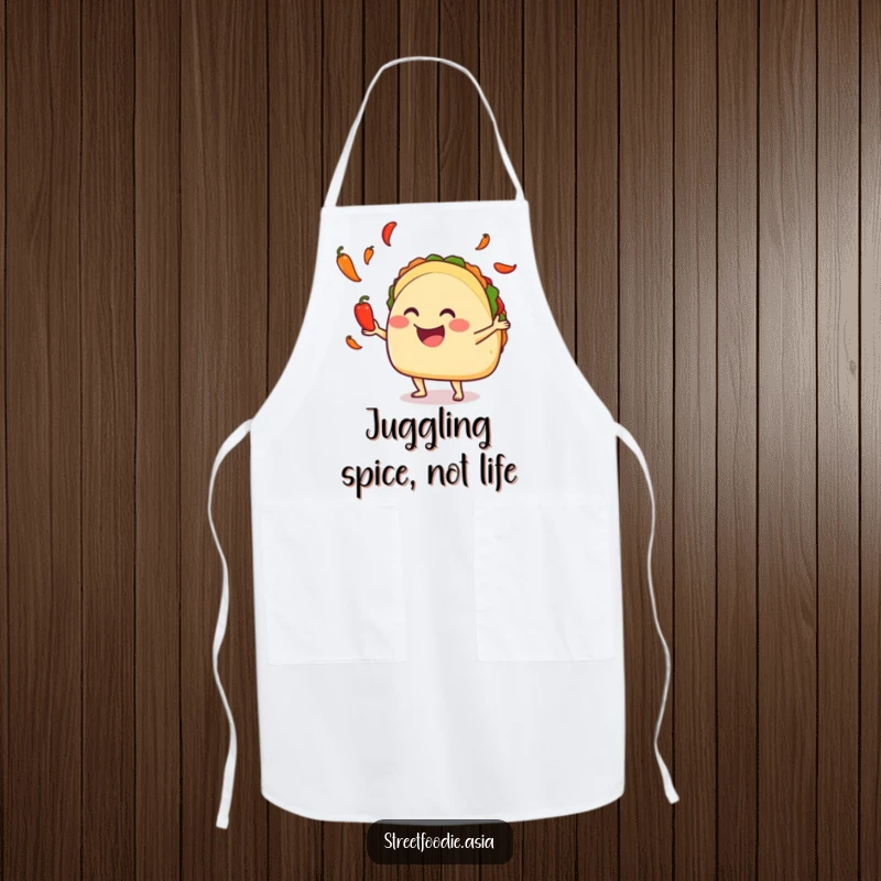 Funny taco juggling tiny hot peppers on a chef apron, adding a spicy thrill to cooking. Ideal funny gift.