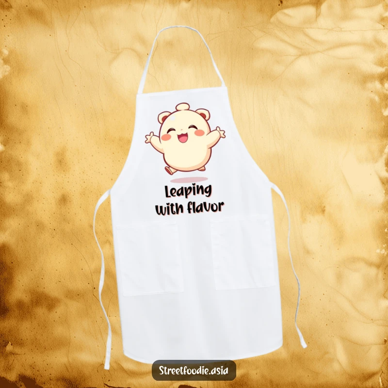 Funny apron featuring a smiling dumpling character in a joyful leap, bringing cheer to the kitchen.