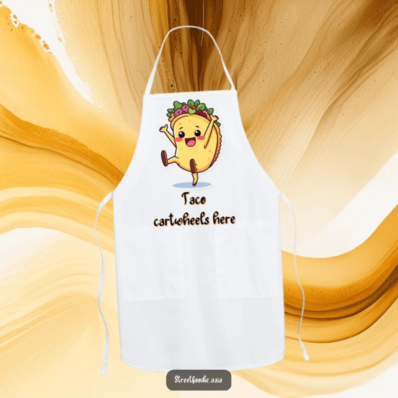 Funny Apron showcasing a joyful taco character performing a cartwheel, perfect for adding festive humor to cooking.