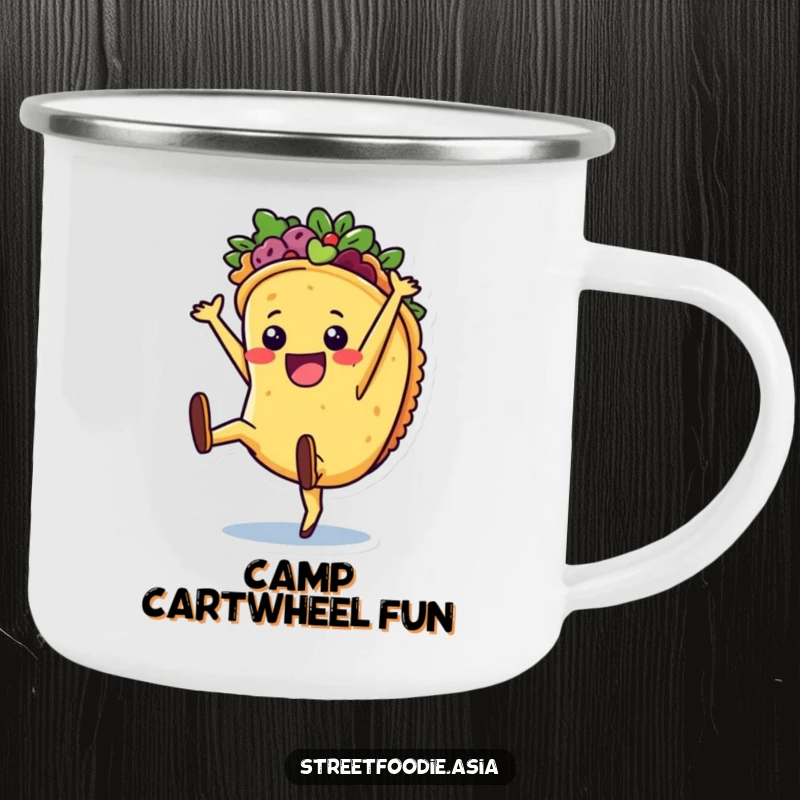 Funny Camping Mug showing a joyful taco character in a cartwheel, ideal for outdoor adventures and bringing festive fun.