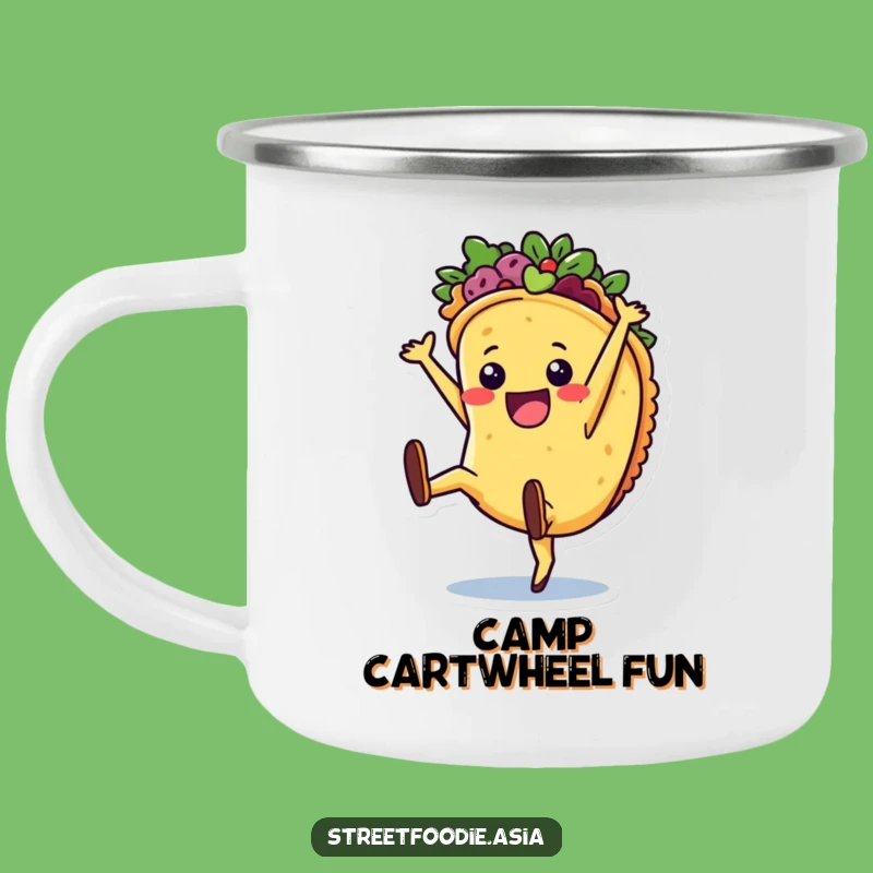 Funny Taco Cartwheel Enamel Camping Mug: Adventure Fuel with Fiesta Fun