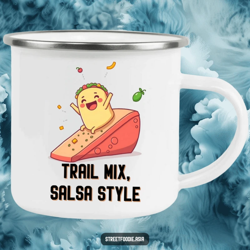 Funny camping mug featuring a jubilant burrito sliding down a salsa ramp, ideal for outdoor lovers who enjoy humor.