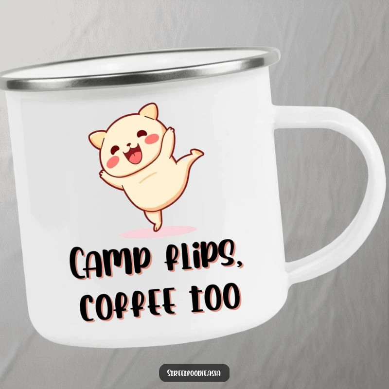 Funny camping mug showing a dim sum character in a dynamic cartwheel, built for adventure and laughs.