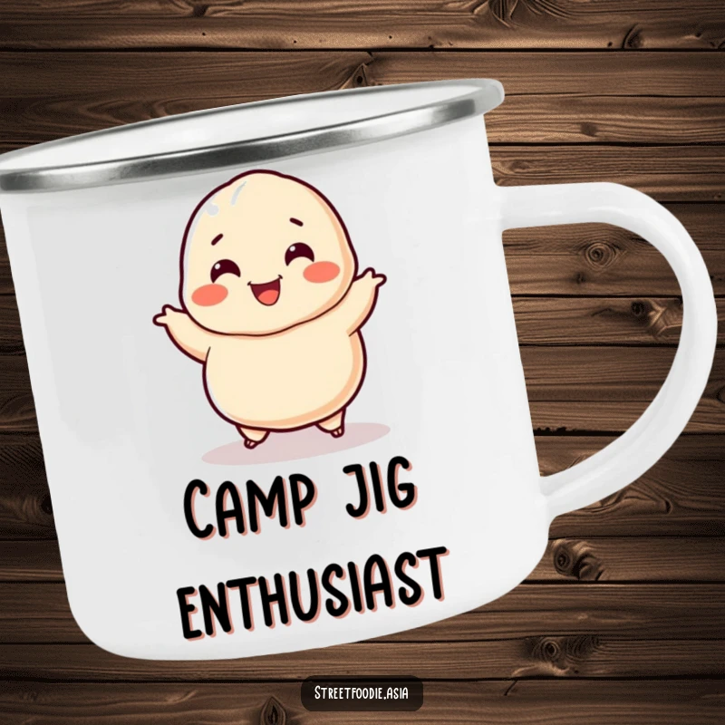 Funny Dumpling Camping Mug: A durable mug featuring a smiling dumpling character doing a happy jig. Ideal for outdoor fun, a funny gift.