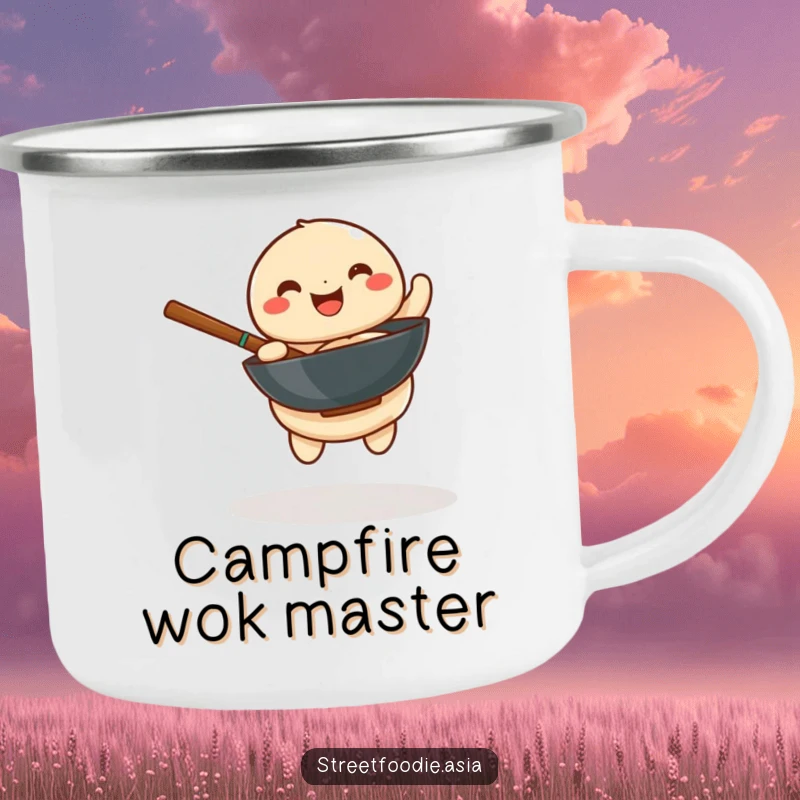 Funny camping mug featuring a playful dumpling happily spinning a miniature wok, ideal for outdoor enthusiasts who appreciate humor.
