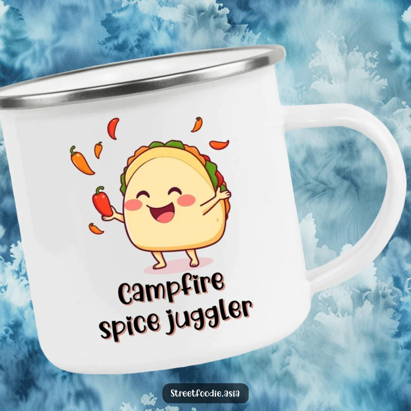 Funny taco juggling hot peppers on a durable camping mug, perfect for outdoor enthusiasts. Great funny gift.