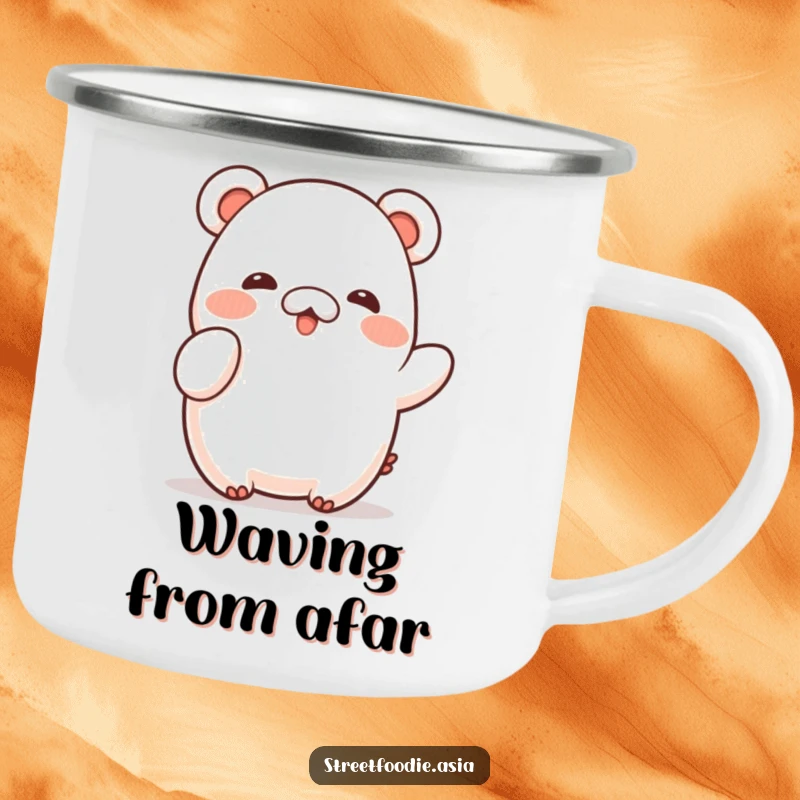 Funny Camping Mug showing a shy bao character giving a small wave, perfect for gentle greetings during outdoor adventures.