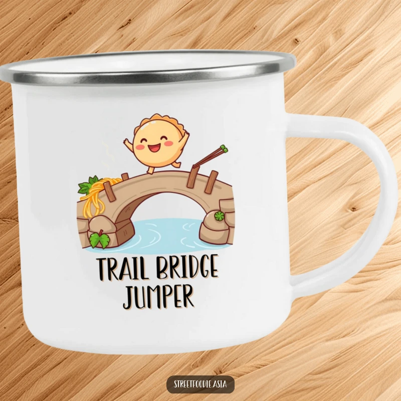 Funny camping mug featuring a smiling empanada leaping over a steaming noodle bridge, ideal for outdoor enthusiasts who love humor.