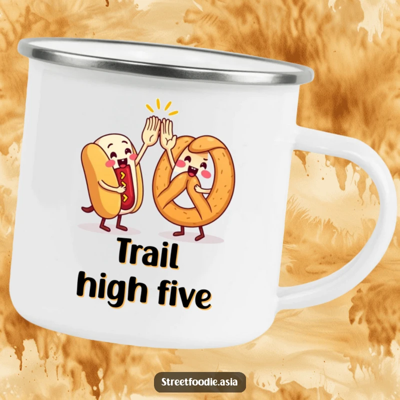 Funny Camping Mug showing a hot dog and pretzel character in a high-five, ideal for outdoor adventures and sharing fun.