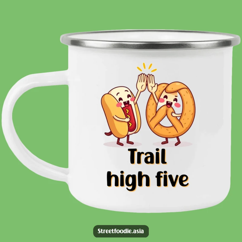 Funny Street Food High-Five Enamel Camping Mug: Cheers for the Outdoors!