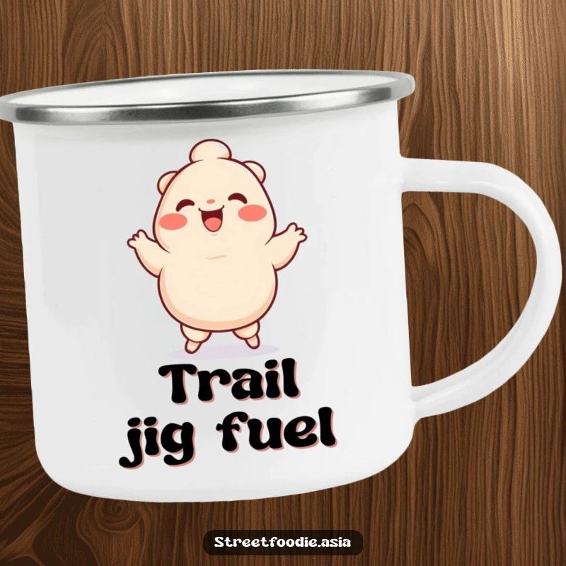 Funny Camping Mug featuring a smiling dumpling character doing a silly jig, perfect for outdoor enthusiasts who love humor.