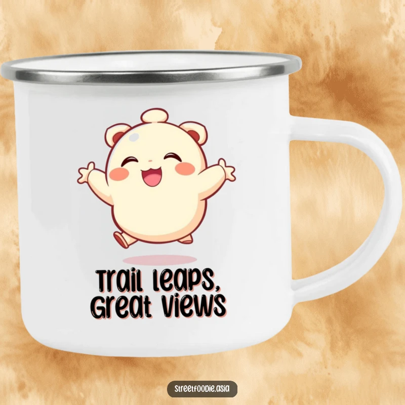 Funny camping mug showcasing a smiling dumpling character in a joyful leap, perfect for outdoor enthusiasts.