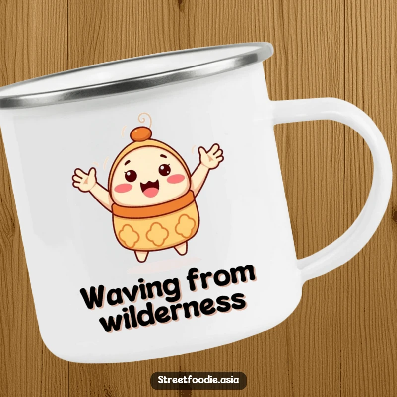 Funny Dim Sum Camping Mug: A durable mug featuring a happy dim sum character with tiny arms waving. Ideal for outdoor fun, a funny gift.