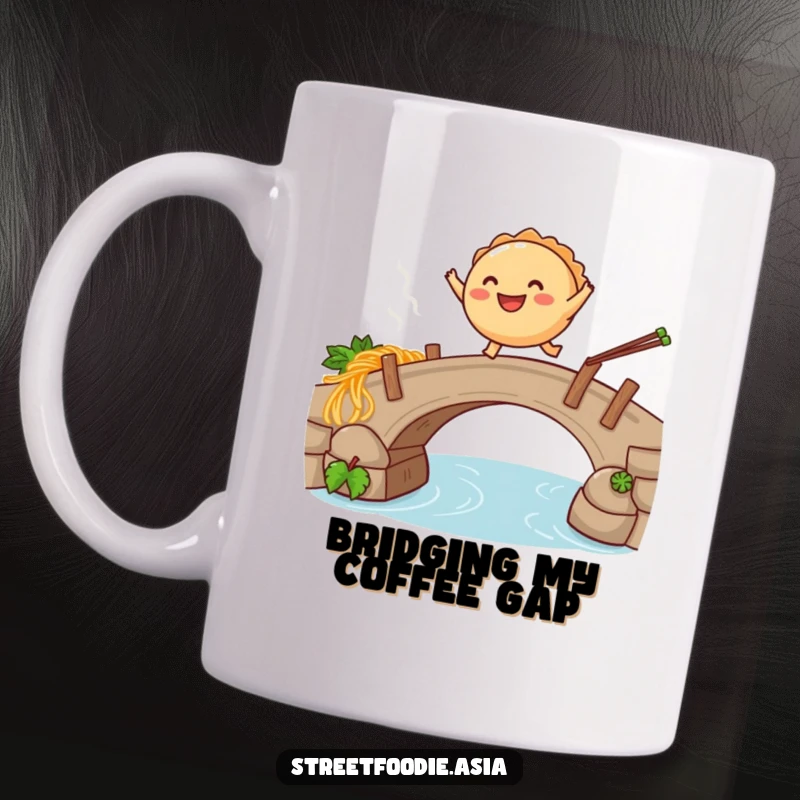 Funny mug featuring a smiling empanada leaping gracefully over a bridge made of steaming noodles, embodying joy and agility.