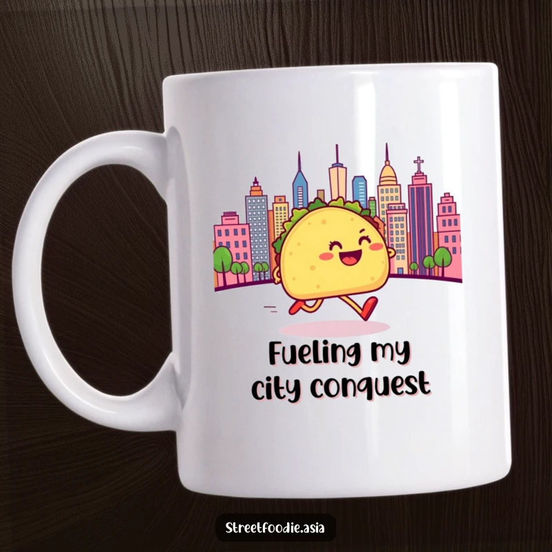 Funny mug with a happy taco character with legs running fast towards a colorful city skyline, embodying pure joy.