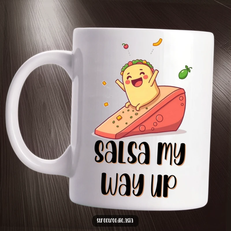 Funny mug featuring a jubilant burrito gleefully sliding down a giant ramp made of vibrant salsa, conveying pure joy.