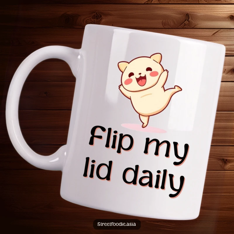 Funny mug with a cute dim sum character in mid-cartwheel, full of playful energy and infectious humor.