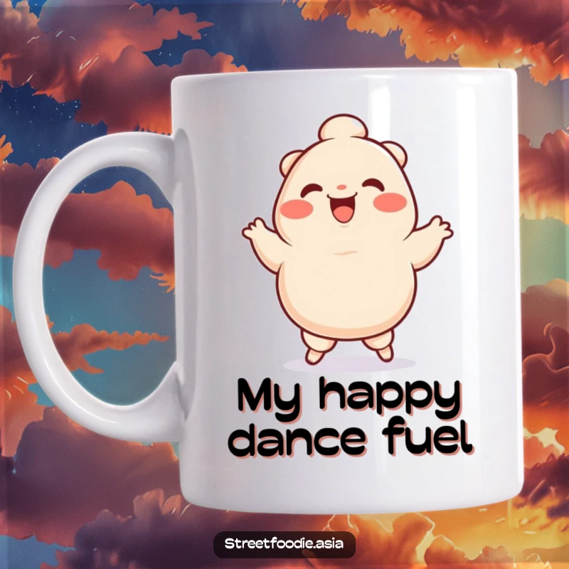 Funny Mug featuring a smiling dumpling character joyfully performing a silly jig, radiating pure happiness and playful energy.
