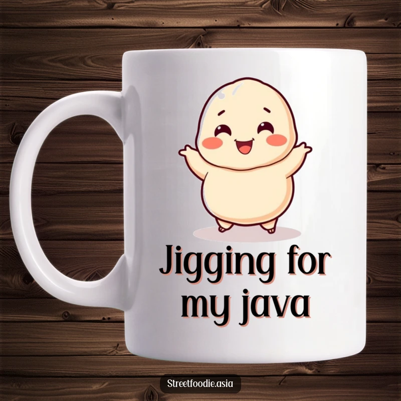 Funny Dumpling Mug: A smiling dumpling character doing a happy jig. A humorous and fun gift for dumpling lovers.