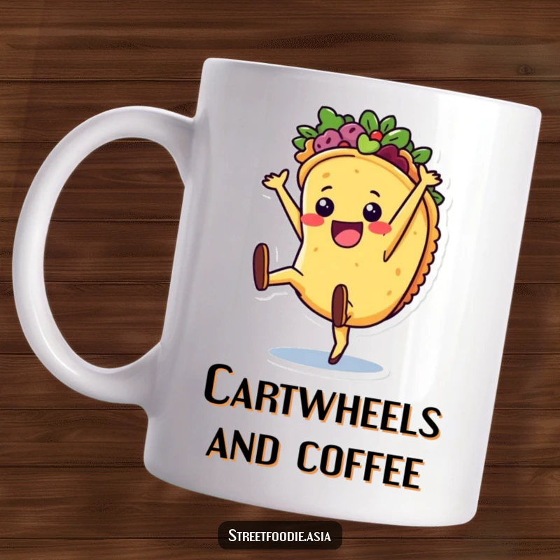 Funny Mug featuring a joyful taco character in mid-cartwheel, radiating pure happiness and playful taco energy.