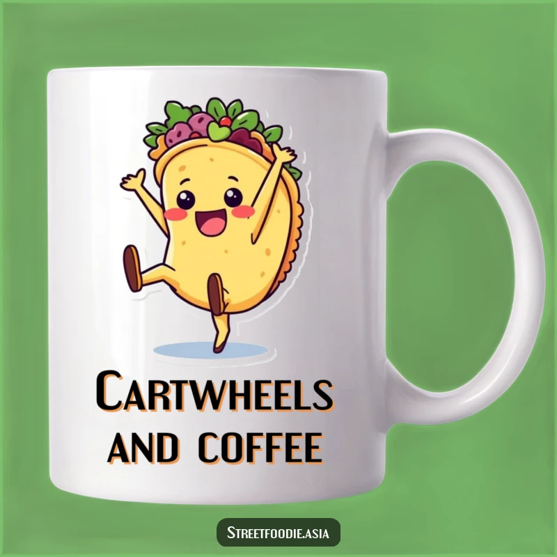 Funny Joyful Taco Cartwheel Mug: Hilarious Character Art for Taco Lovers
