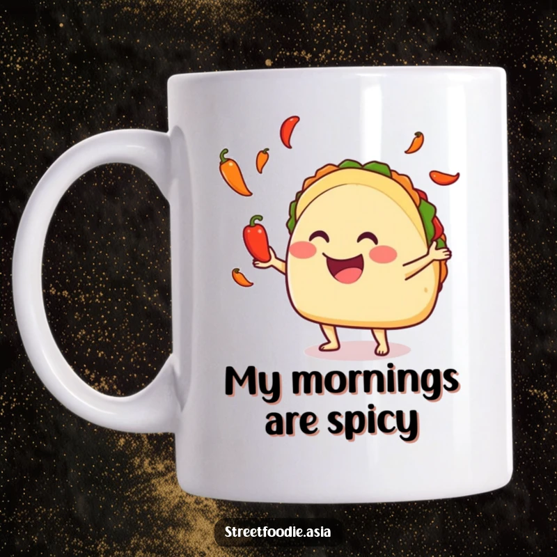 Funny smiling taco enthusiastically juggling tiny red hot peppers on a mug. Humorous food character.
