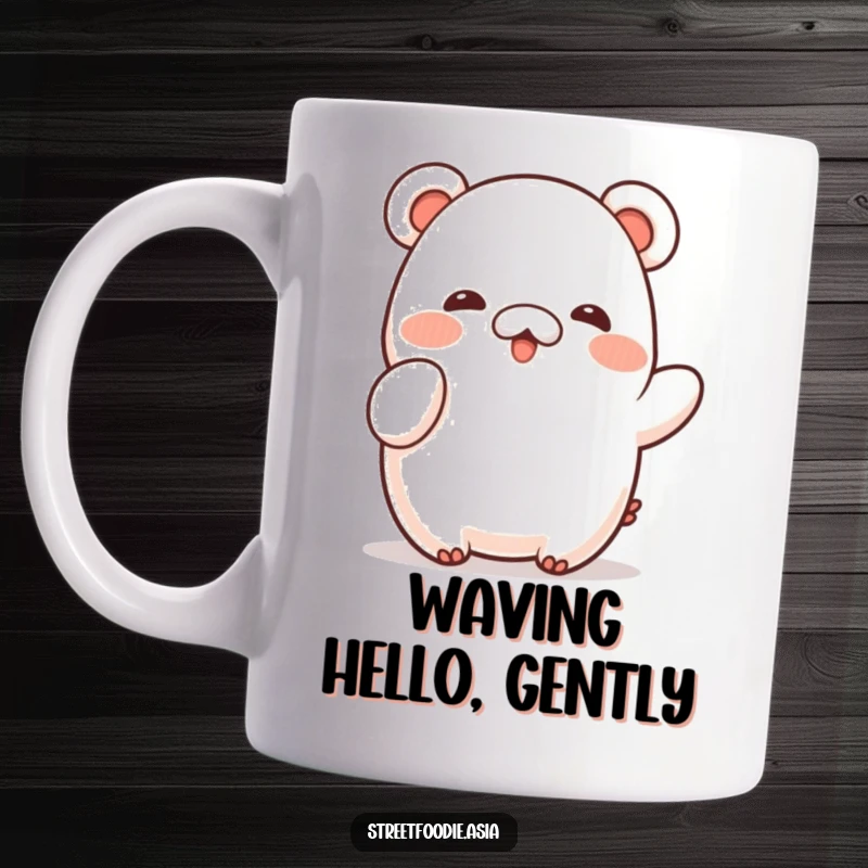 Funny Mug featuring a shy bao character doing a small, cute wave, conveying sweetness and a touch of bashfulness.