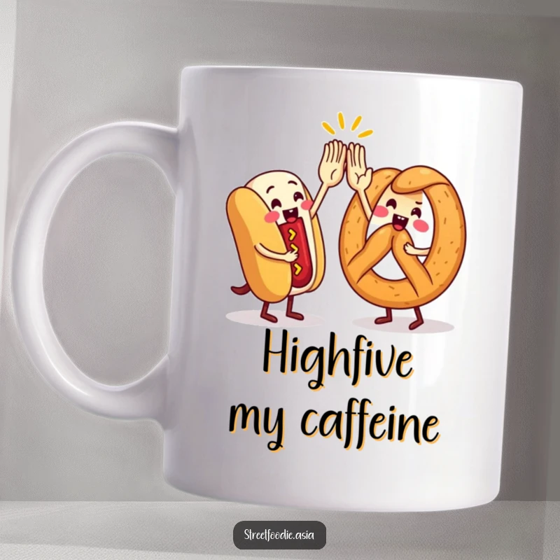 Funny Mug illustrating a hot dog and pretzel character giving a triumphant high-five, symbolizing friendly street food celebration.