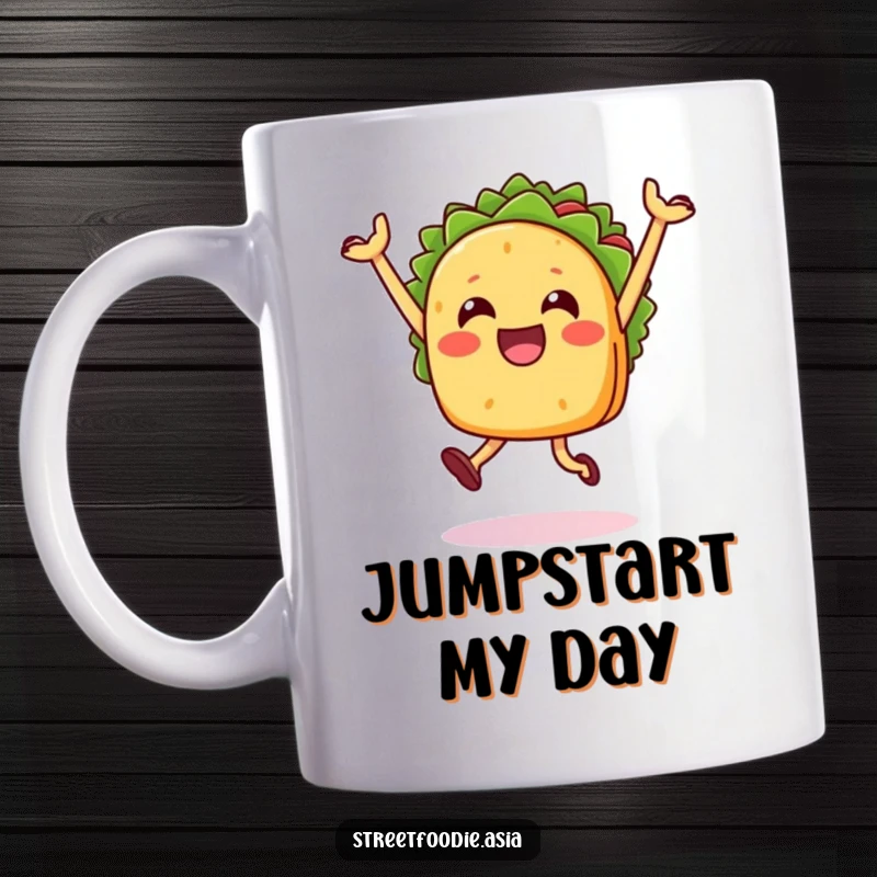 Funny Taco Jump Mug featuring a happy taco character joyfully performing a celebratory jump. A festive and humorous mug.