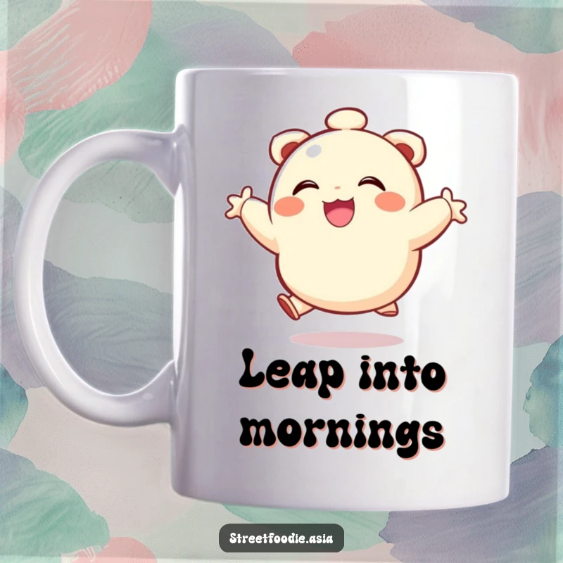 Funny mug with a smiling dumpling character in a joyful leap, radiating pure happiness and good vibes.