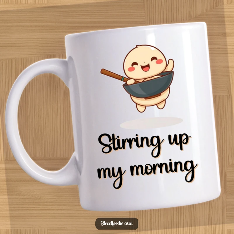 Funny mug with a playful dumpling happily spinning a miniature wok, radiating culinary enthusiasm and joy.