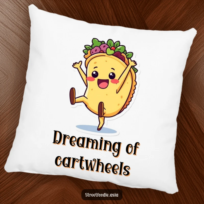 Funny Pillow featuring a joyful taco character in a cartwheel, offering comfort with a humorous and festive food theme.