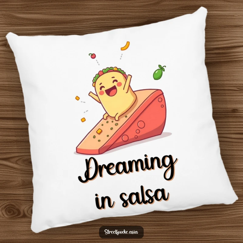 Funny pillow with a happy burrito character sliding gleefully down a large salsa ramp, offering soft and humorous decor.