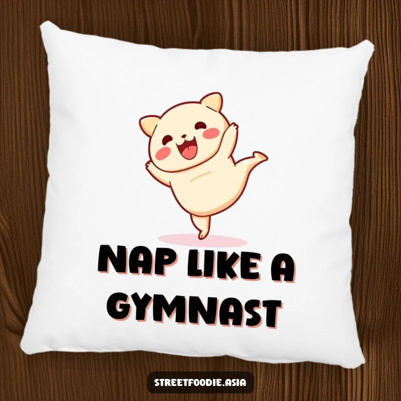 Funny pillow showcasing a dim sum character in a playful cartwheel pose, offering comfort and a good laugh.
