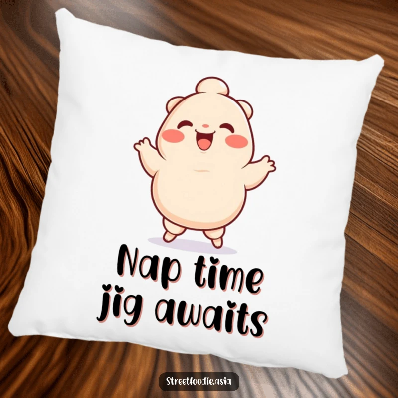 Funny Pillow decorated with a smiling dumpling character performing a comical silly jig, providing comfort and humorous visual appeal.