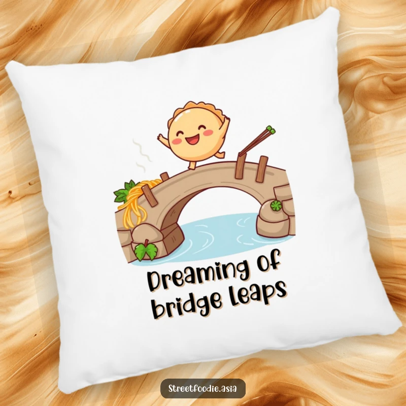 Funny pillow with a smiling empanada character leaping over a steaming noodle bridge, offering soft and humorous decor.