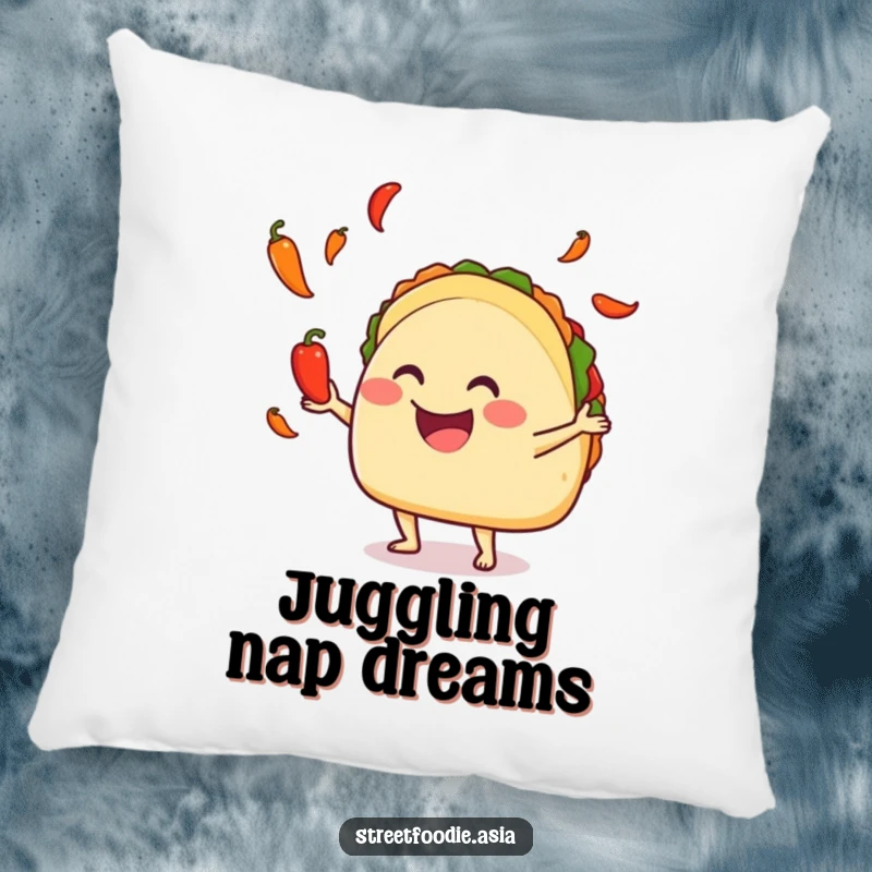 Funny taco juggling hot peppers on a soft pillow, offering comfort and spicy visual delight. Perfect gift.