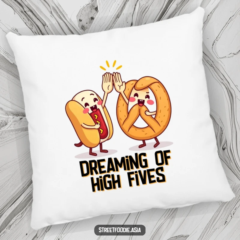 Funny Pillow featuring a hot dog and pretzel character in a celebratory high-five, offering comfort with a humorous, friendly design.