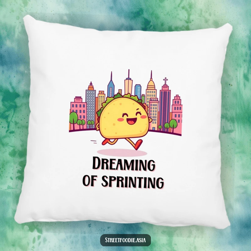 Funny pillow featuring a happy taco character with legs running towards a bright cityscape, offering a soft and humorous decor piece.