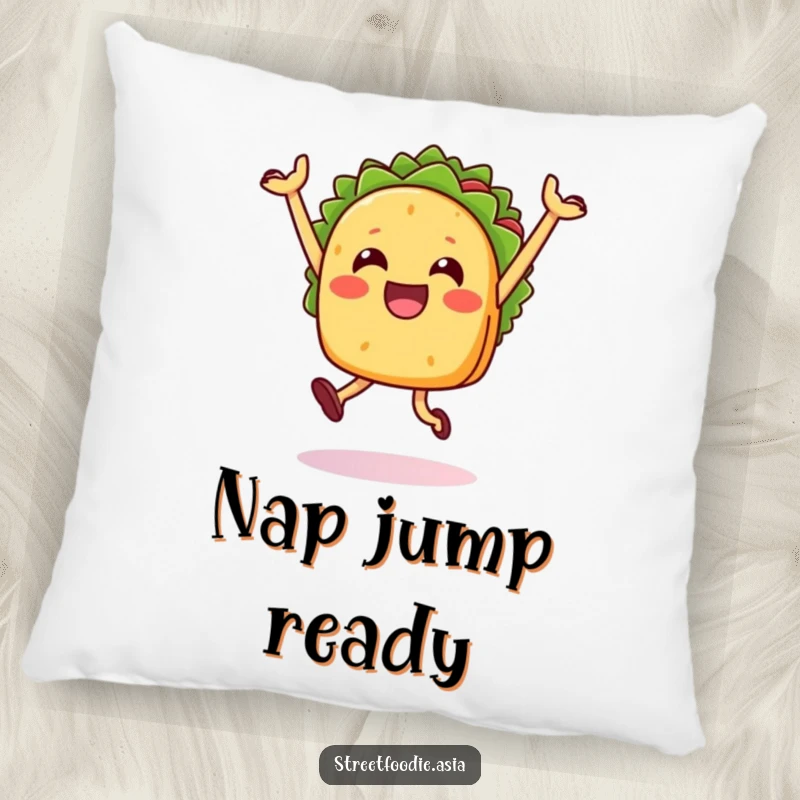 Funny Taco Jump Pillow featuring a happy taco character performing a celebratory jump. Offers comfort and festive humor.