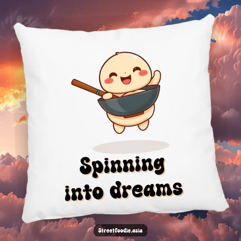 Funny pillow with a playful dumpling joyfully spinning a miniature wok, offering soft and humorous decorative appeal.